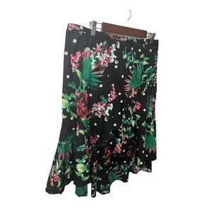 BOLD ELEMENTS BLACK GREEN TROPICAL FLORAL RUFFLE HIGH LOW POLKA DOT SKIRT SZ XL